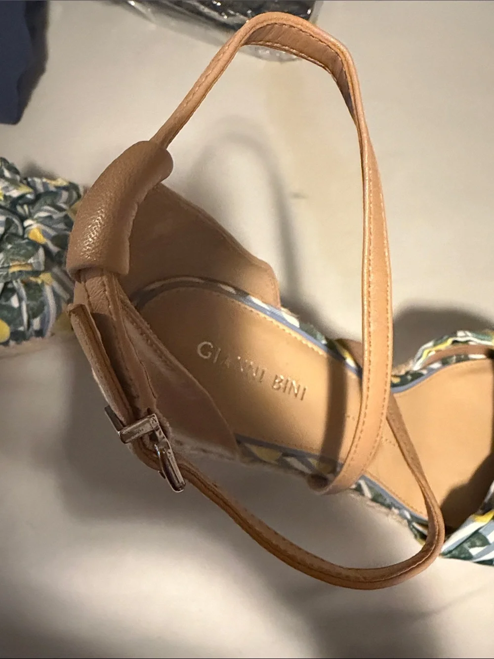 Gianni Bini Tan Espadrille Wedges with Blue, Yellow & Green Floral Ruffle